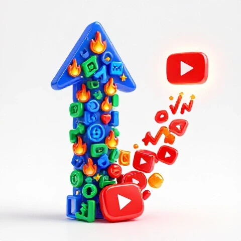 Glossy upward arrow of trending icons pulling play buttons toward a glowing YouTube logo on a bright background.
