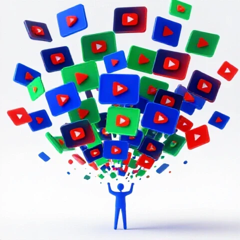Vibrant video thumbnails and play buttons surge upward then fragment, with a central figure analyzing the dynamic flow.