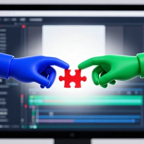 Two colored digital hands exchange a glowing puzzle piece over a video editing screen, symbolizing remote team collaboration.