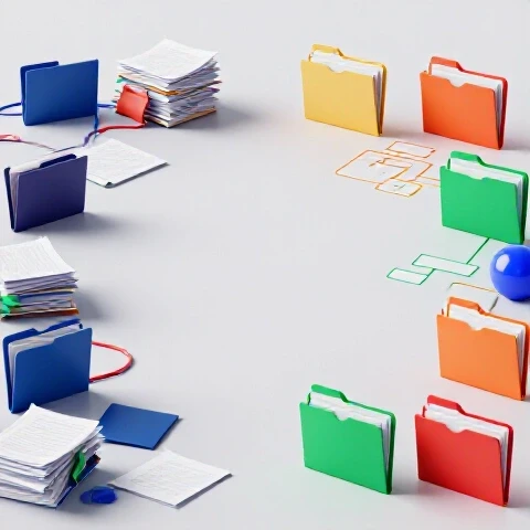 Split-screen showing a chaotic workspace on one side and an organized, color-coded system on the other, set in a bright studio.