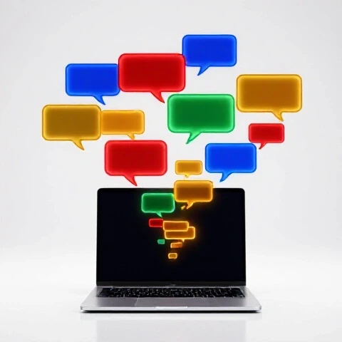 Laptop with glowing colorful speech bubbles turning into vibrant video frames on a bright white background