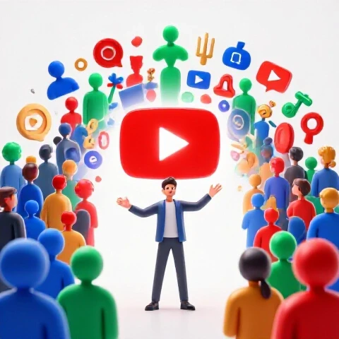 Charismatic content creator reaching out from YouTube play button to vivid crowd symbolizing loyal fans.