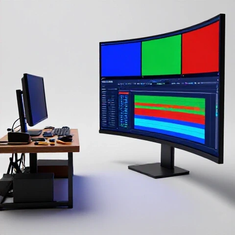 Vivid ultrawide monitor setup with rich colors beside a cluttered small workspace, both centered on a bright clean background