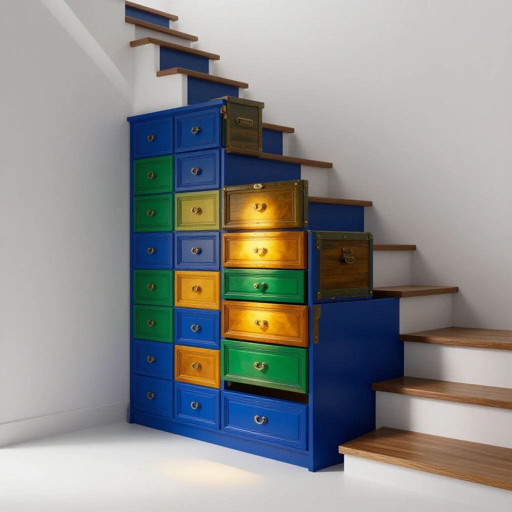A beautifully designed under-stair storage space featuring vibrant drawers in rich colors, illuminated warmly to evoke coziness.