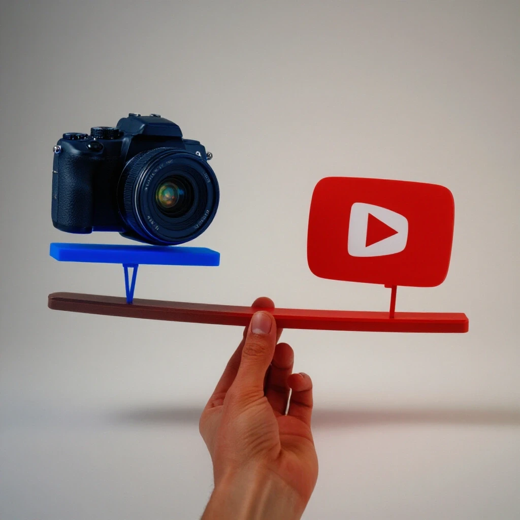 A visual representation of the balance between YouTube's fair use and theft policies, featuring a scale, camera, and video clip.