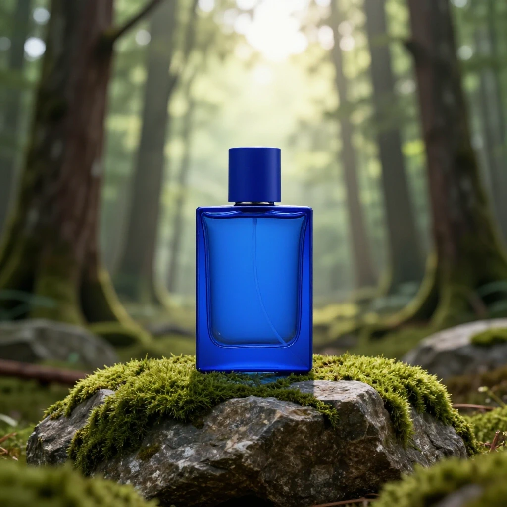 Elegant cologne bottle on a moss-covered rock in a serene forest scene with soft light filtering through trees.