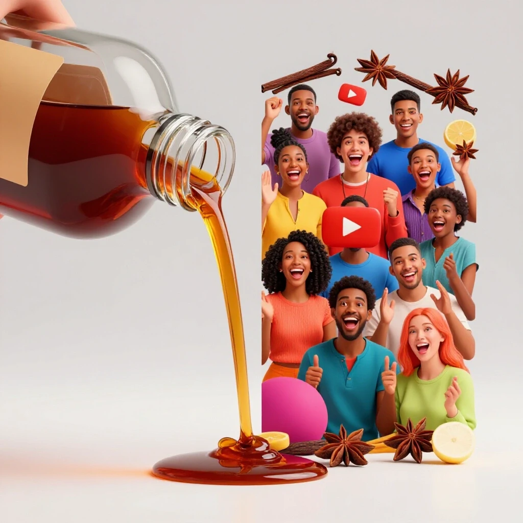 A luxurious amber liquid pours from an elegant bottle beside vibrant YouTubers celebrating with fragrant ingredients.