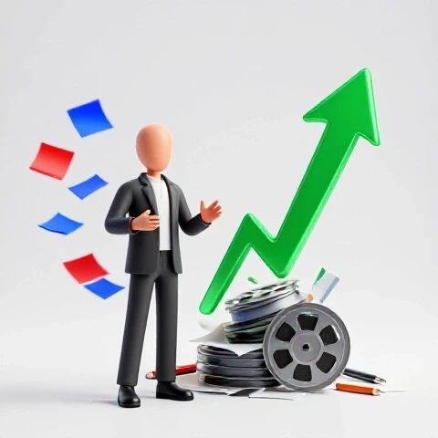 Split scene of flying notes beside a soaring upward graph, symbolizing unscripted YouTube growth in a clean bright setting.