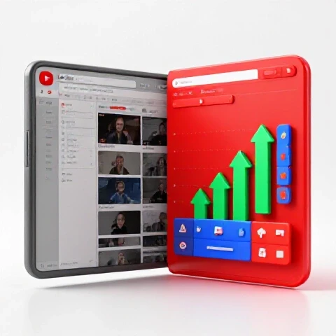 Split-screen showing outdated grayscale YouTube interface transforming into a vibrant modern dashboard with growth arrows.