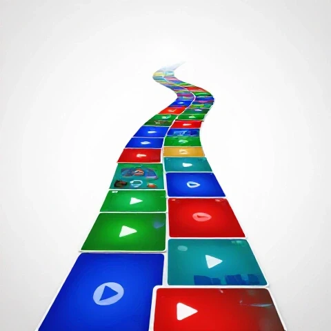 A winding path of vivid video thumbnails leads toward a glowing goal on a bright white background.
