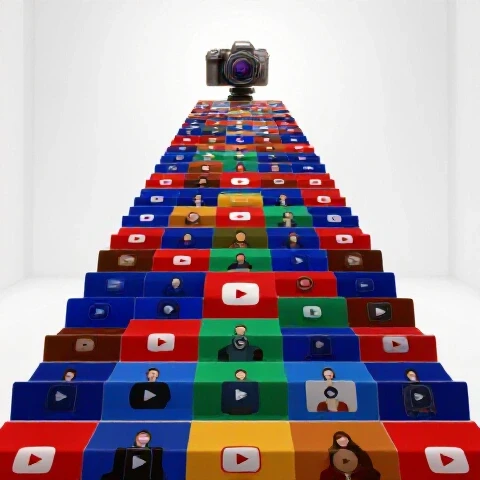 Vivid 3D path of colorful video thumbnails forming stairs leading to a glowing camera on a white background.