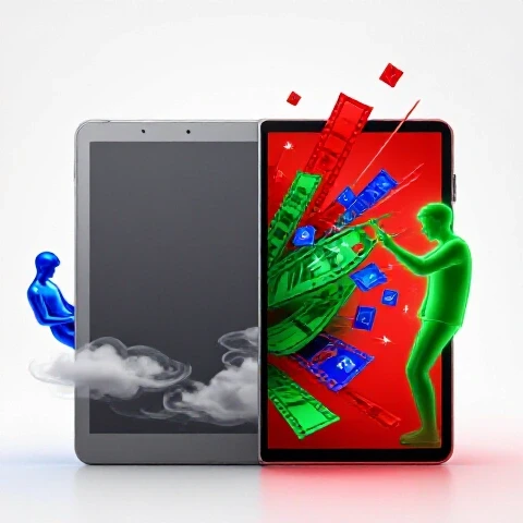 Dynamic split scene showing a bored viewer with a plain screen contrasted against an engaged viewer captivated by vibrant storytelling visuals on high-contrast devices.