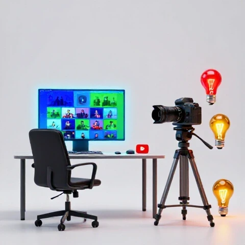 Split-screen image showing colorful YouTube thumbnails on a glowing monitor beside a camera surrounded by idea lightbulbs on a bright background.