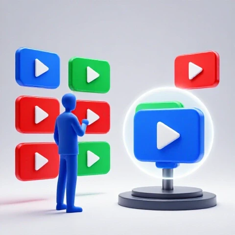 Split-screen scene of abstract figure choosing from vibrant video thumbnails, spotlight highlighting a single bold thumbnail icon.
