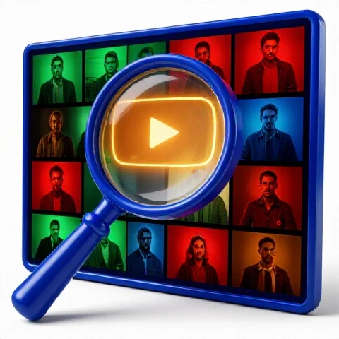 Magnifying glass focused on a digital screen with multiple colorful video thumbnails, one glowing brightly to signify discovery.
