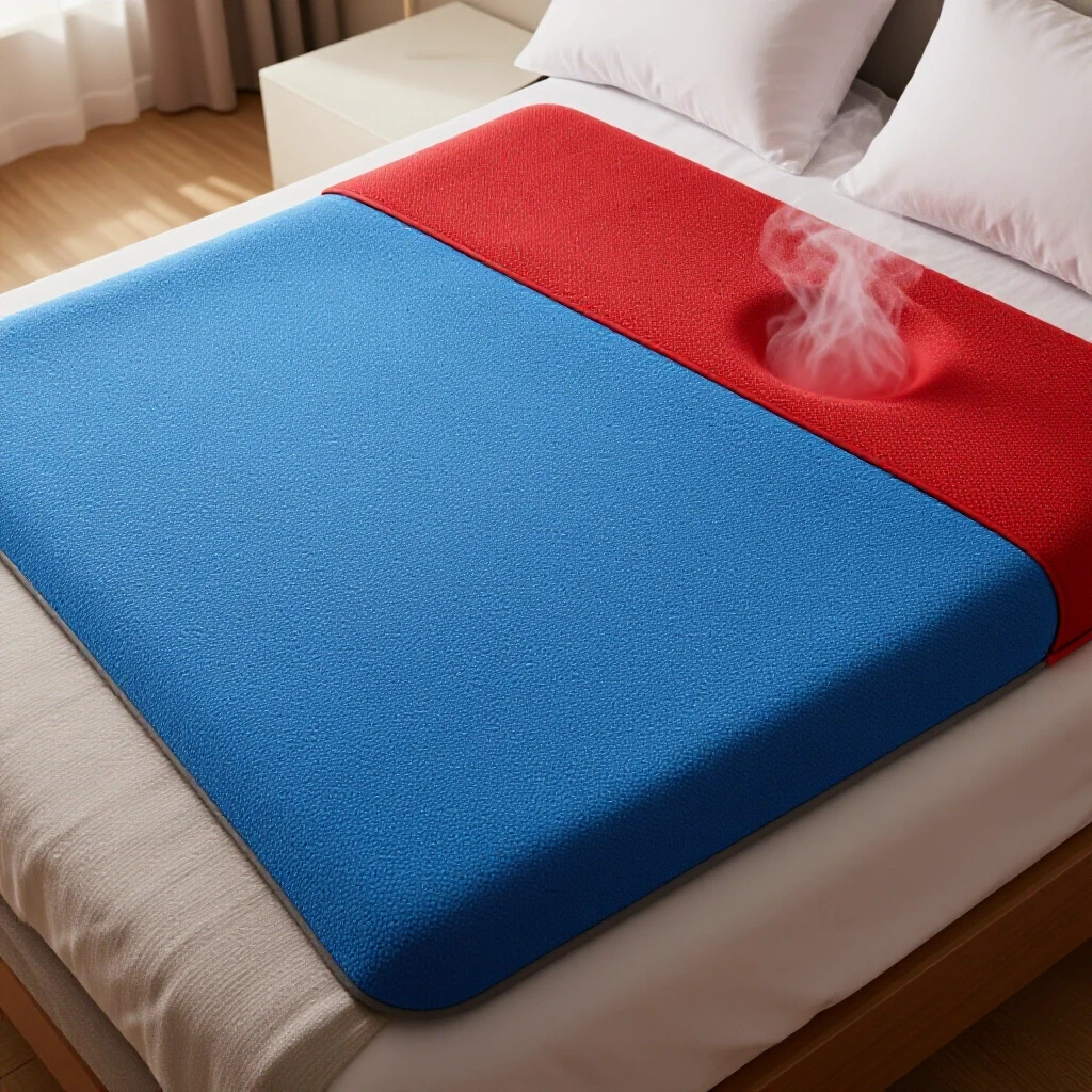 A cozy bedroom scene featuring a gel topper, half cool blue and half warm red, showcasing comfort versus discomfort.