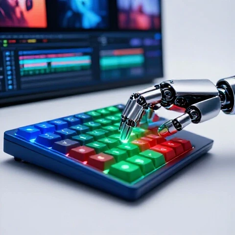 Metallic editor hand pressing glowing shortcut keys on colorful keyboard with blurred video timeline background.
