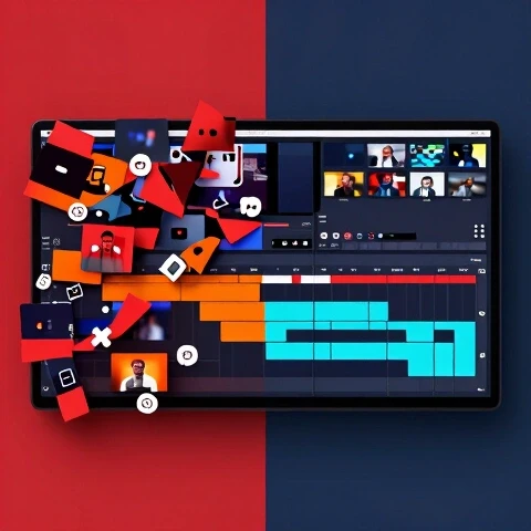 Split-screen 3d rendering of a video editing timeline: one side messy and blurred, other side clean and organized, with central focus.