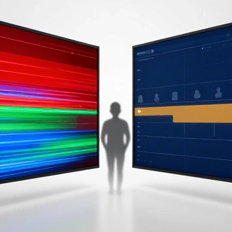 Split-screen of vibrant, fast-paced and calm, minimalist video editing setups with a curious audience silhouette.