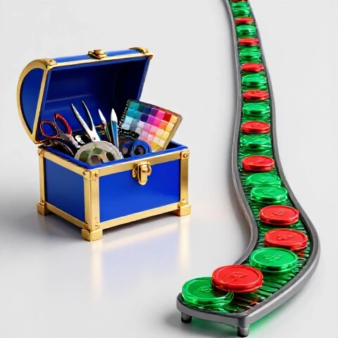 Split-screen with an overflowing treasure chest of editing tools on one side and a looping flow of digital tokens on the other, both in bold, saturated colors on a bright clean background.