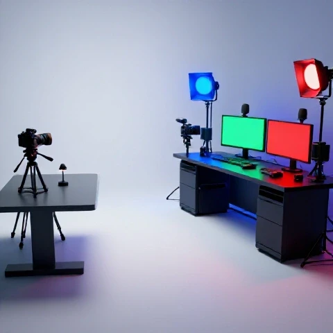 Split-screen view of basic video equipment in a dull setup contrasted with advanced vibrant studio gear and lighting.