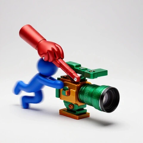 A glossy royal blue blur and a detailed red tool race to assemble a vibrant camera in a bright studio.
