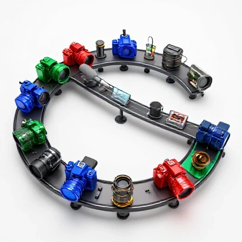 Dynamic assembly line of colorful video production tools in a bright, high-contrast studio setting