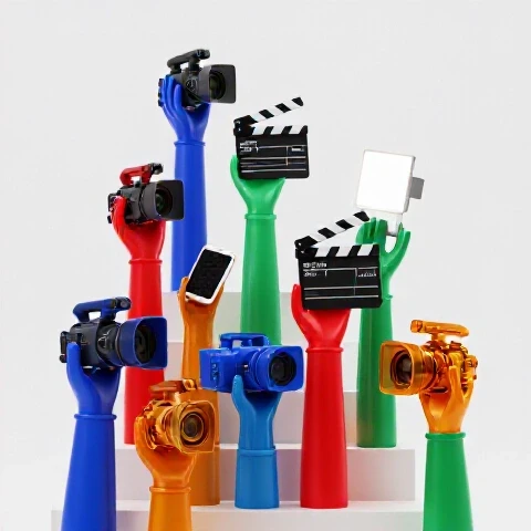 Multiple vibrant hands build a staircase of video tools symbolizing team growth on a bright background.