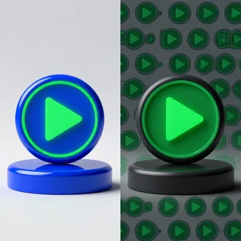 Split-screen with one vibrant YouTube play button and a pattern of lower-quality ones, premium glossy finish.