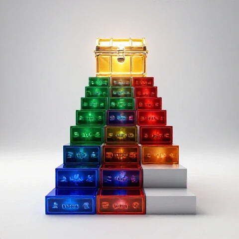 A vibrant staircase of colorful video thumbnails ascends to a shining treasure chest on a clean bright background.