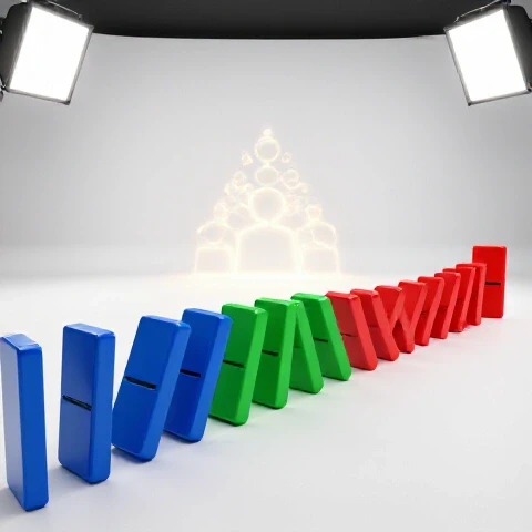 Vibrant colored video thumbnails fall like dominoes, leading to a glowing abstract audience figure on a bright background.