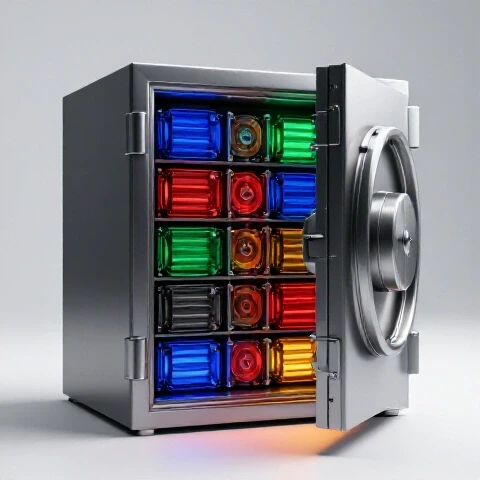 Futuristic metallic vault overflowing with glowing video reels and hard drives on a bright studio background