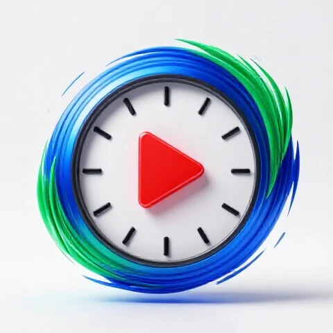 Glossy clock merged with crimson play button, dynamic motion bursts, on a bright white studio background
