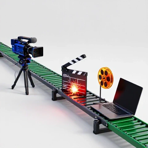 A row of vibrant video production tools on a glossy assembly line, with one tool visibly blocking the smooth flow, illustrating a workflow bottleneck.