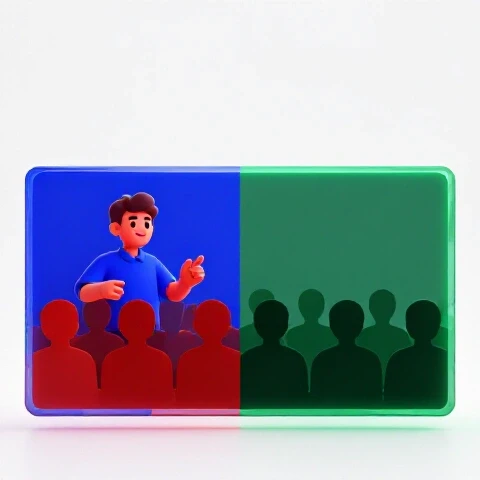 Split-screen of two contrasting YouTube thumbnails, one showing an engaging creator, the other a disengaged audience, on a bright white background.