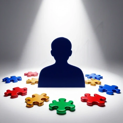 Spotlighted viewer silhouette surrounded by vibrant puzzle pieces, with blurred growth charts in the background.