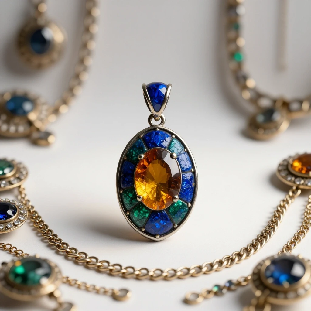 A vintage brooch converted into a pendant, elegantly displayed with shimmering jewelry in a soft-focus background.