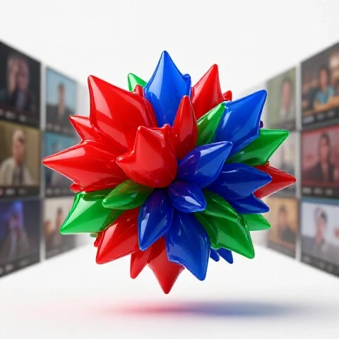 A single vibrant video thumbnail explodes under a spotlight, while faded thumbnails recede into a bright background.