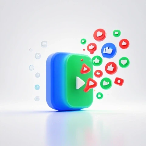 Split-screen showing a small video growing into a vibrant wave of likes and shares on a bright background.