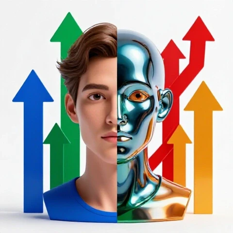 Split-face image showing a human side and a stylized digital avatar side with vibrant upward arrows in the background.