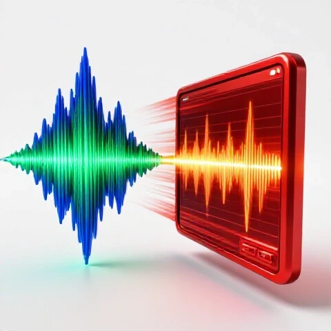 Futuristic audio waveform and video timeline racing side by side in a bright studio setting for editing speed