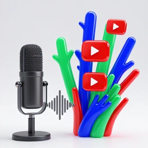 Split 3D scene with a generic microphone and waveform on one side, vibrant play buttons and dynamic shapes on the other