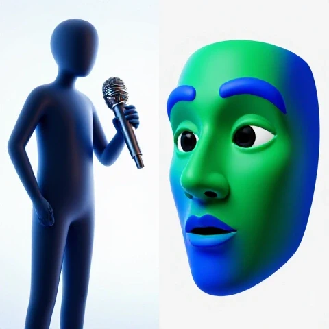 Split image showing a faceless figure at a microphone beside a bold mask facing the viewer, on a bright background.