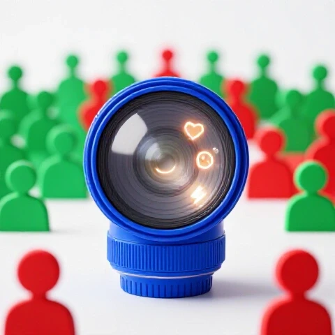 A vibrant camera lens with translucent emotional symbols is centered, drawing a blurred audience into focus to represent engagement.