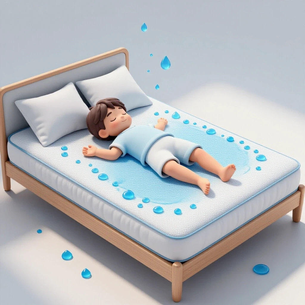 A serene bedroom scene with a child sleeping on a waterproof mattress topper, enhanced by playful water droplets for a protective vibe.