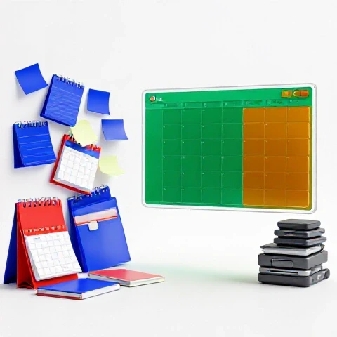 Split scene showing a messy, cluttered workspace beside a calm, organized team calendar in vibrant colors