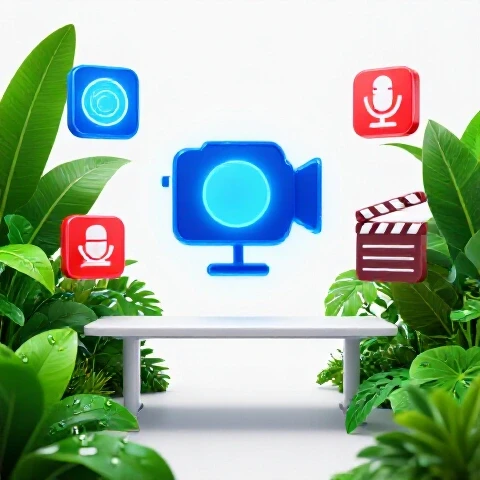 Abstract content creator workspace surrounded by lush greenery and glowing video icons on a bright background.