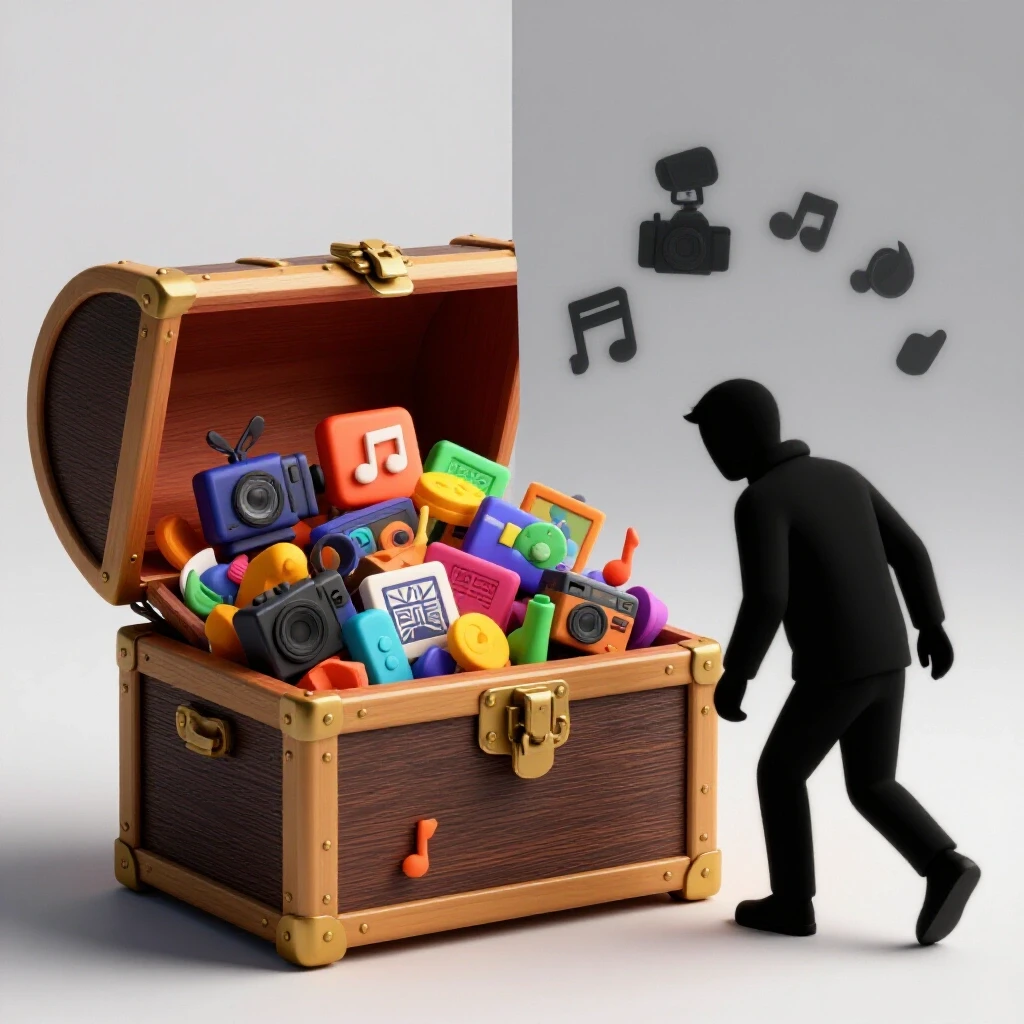 A visually striking split scene depicting a treasure chest full of colorful content icons on one side and a shadowy figure with dim icons on the other, highlighting content theft implications.
