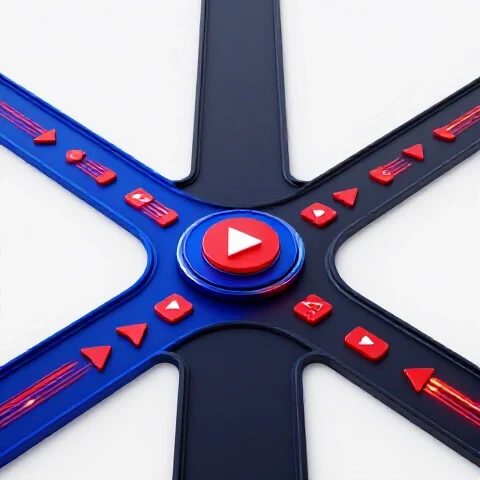 A dynamic crossroads with one vibrant path full of video icons and another shadowed and empty, set in a bright studio scene.