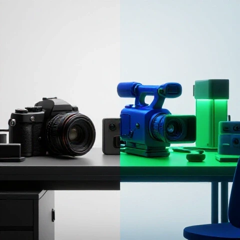 Split scene with outdated camera and cluttered workspace on left, modern gear and organized desk on right, vibrant and crisp.